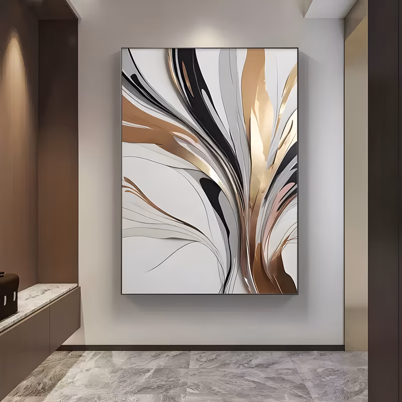 a large vertical abstract painting of smooth flowing ribbons in gold, copper, black and gray curling up the right side over an off-white ground, with fine drawn line work, in blended acrylic