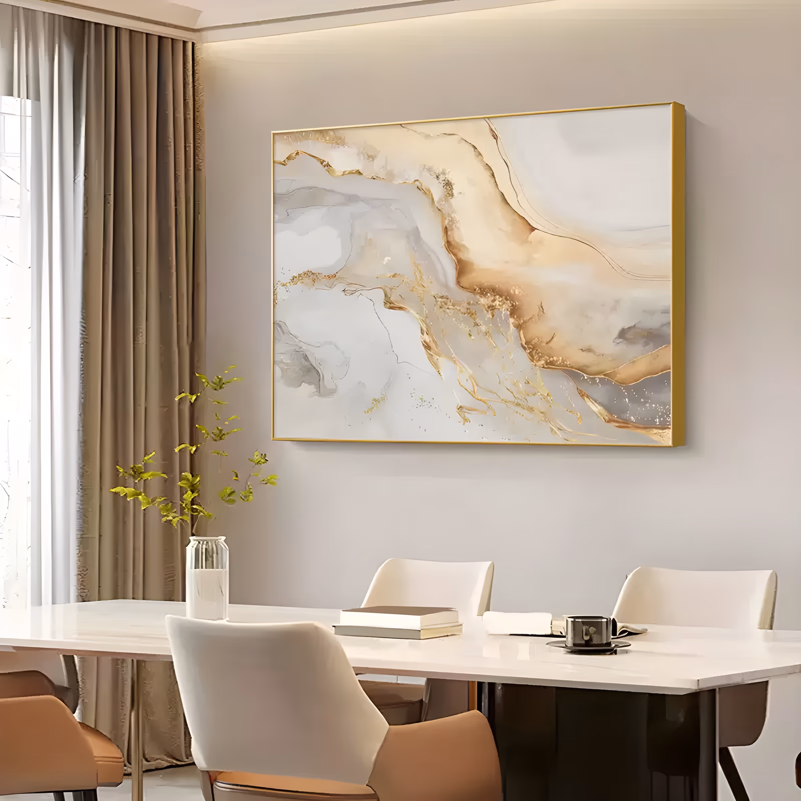 a wide horizontal abstract painting of soft marbled flows in white, beige, gray and gold, with fine gold veining and speckles running through the lower right, in smooth blended acrylic