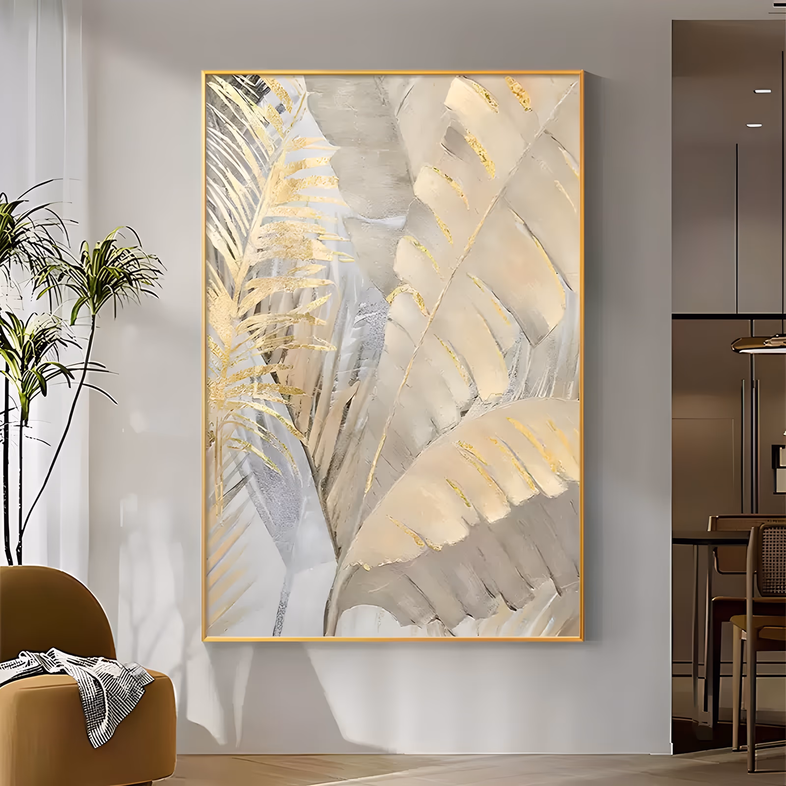 a large vertical textured botanical painting of overlapping palm fronds and broad banana leaves in cream, beige and gray, edged with gold foil veins, built up in thick hand-painted ridges