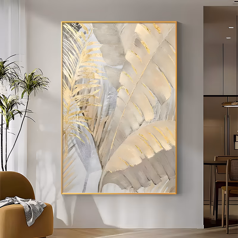 a large vertical textured botanical painting of overlapping palm fronds and broad banana leaves in cream, beige and gray, edged with gold foil veins, built up in thick hand-painted ridges