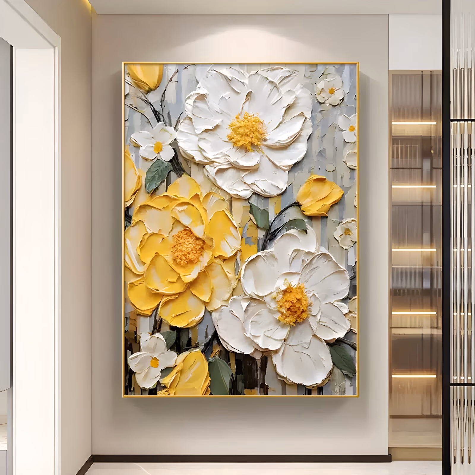 a large vertical textured floral painting of white and yellow blooms with golden centers massed over a streaked grey-white ground, green leaves tucked between them, built up in thick sculpted relief