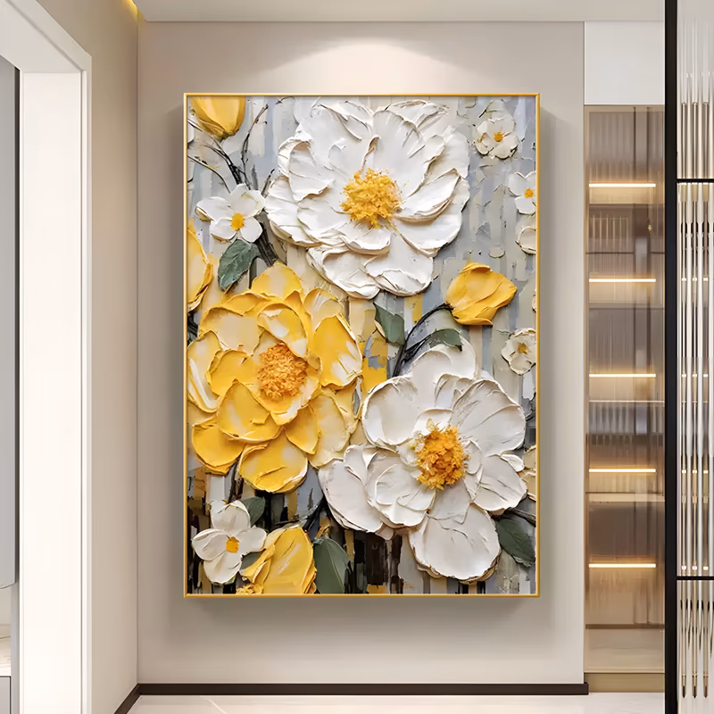 a large vertical textured floral painting of white and yellow blooms with golden centers massed over a streaked grey-white ground, green leaves tucked between them, built up in thick sculpted relief
