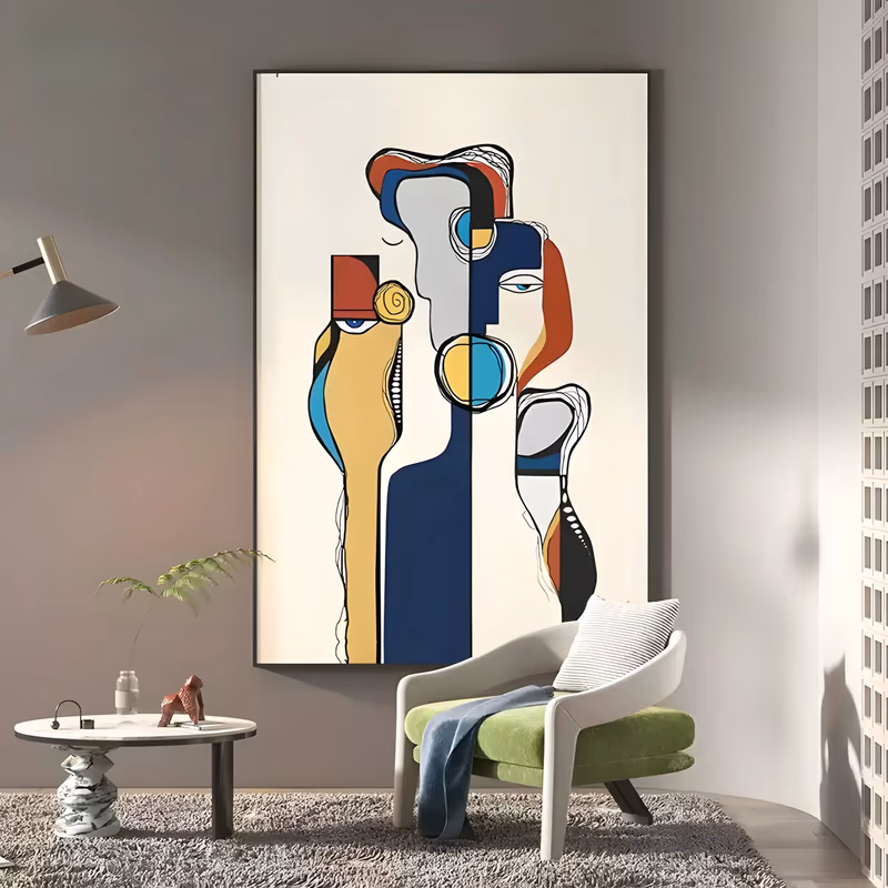 a large vertical modern painting of three stylized faces drawn in fine black outline on a cream ground, filled with navy, red, yellow and turquoise flat shapes and circles, in smooth hand-painted acrylic