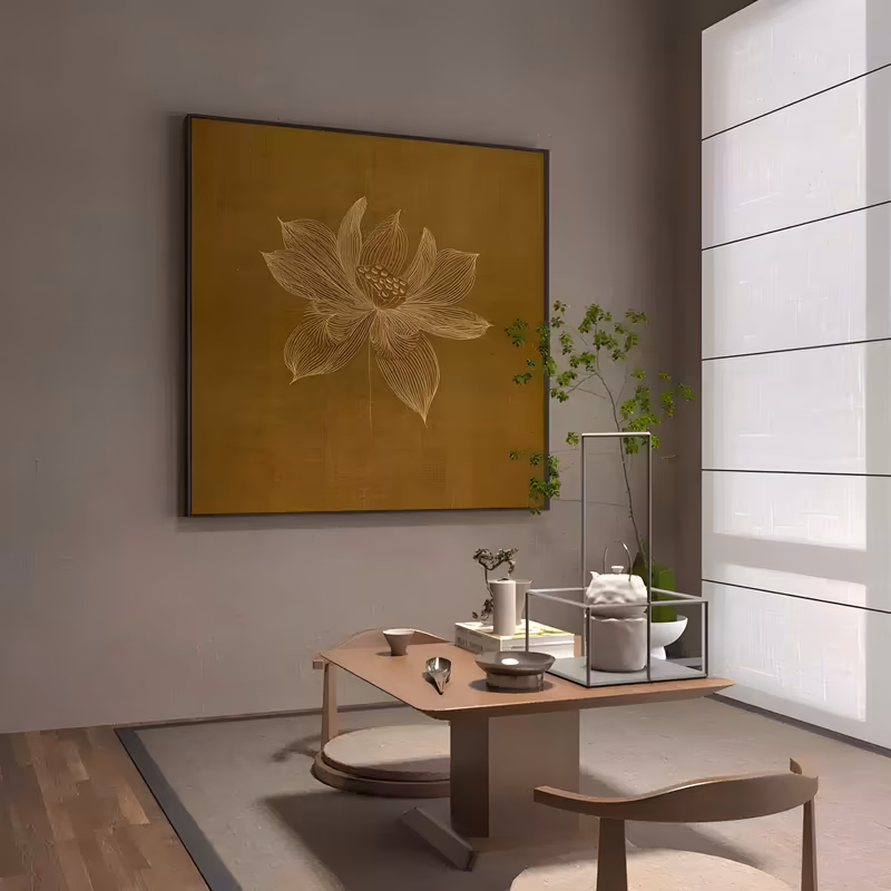a large square minimalist painting of one lotus flower drawn in fine pale gold lines at the center of a deep ochre field, petals opening around a seed pod, in thin hand-painted line work