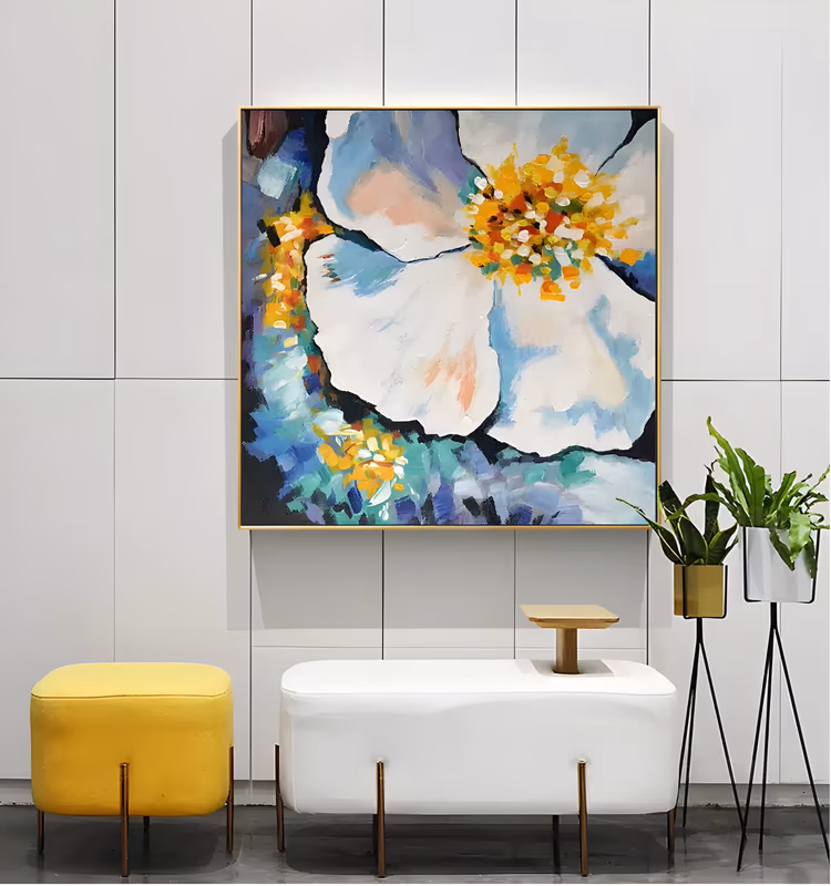 a large square close-up painting of one white poppy with a gold and orange stamen center, its petals opening over blue, teal and navy brushwork, in thick palette-knife oil