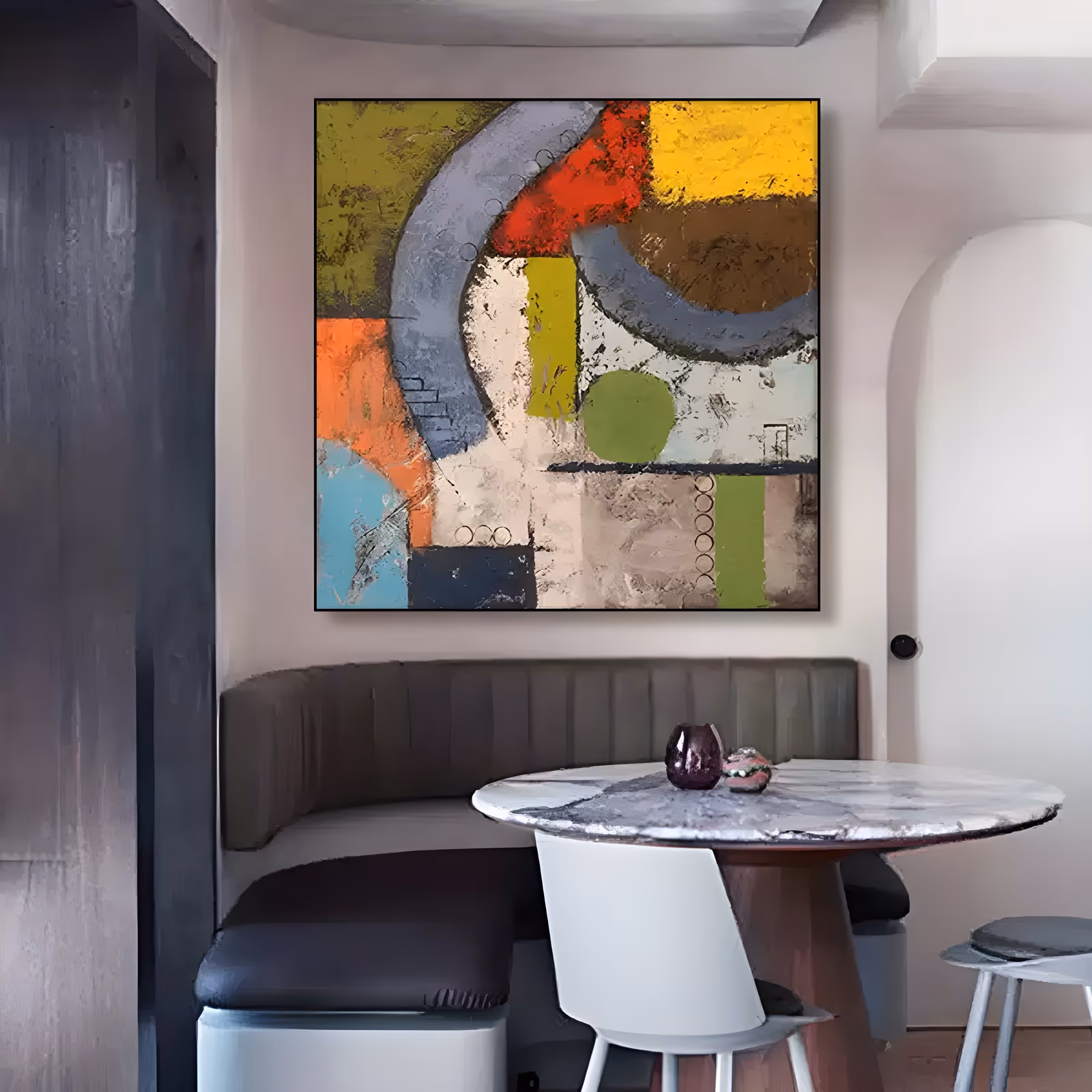 a large square geometric abstract painting of olive, yellow, orange and cream blocks with a gray arc sweeping through the upper left and a green circle at center, in scraped textured acrylic