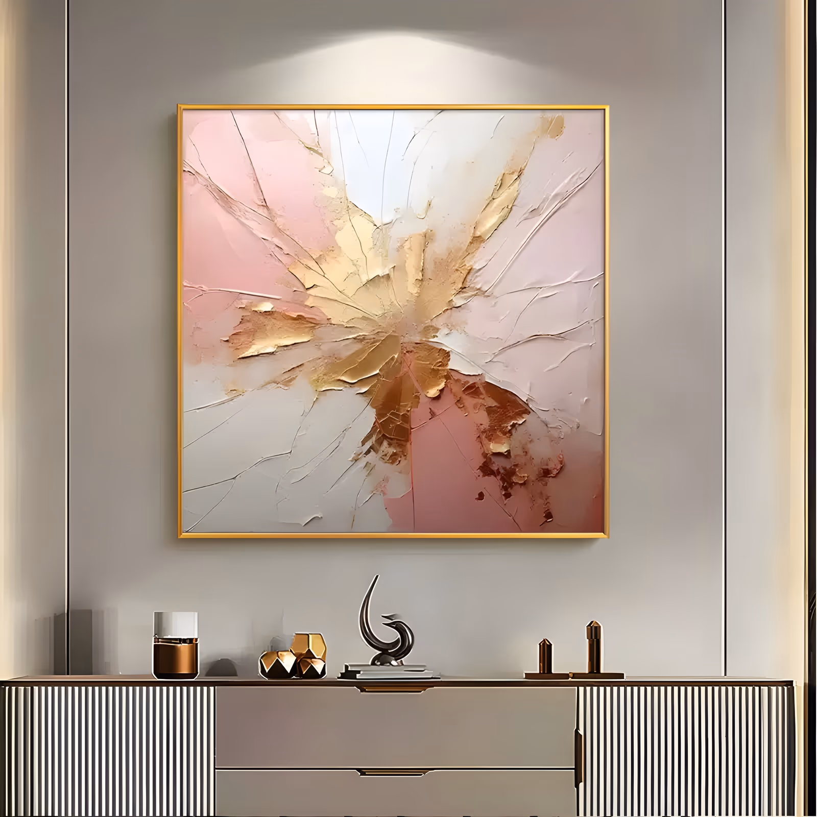 a large square abstract wall painting of thick gold and copper knife strokes bursting from the middle over soft pink and cream, with fine cracked lines running out to the corners in heavy impasto