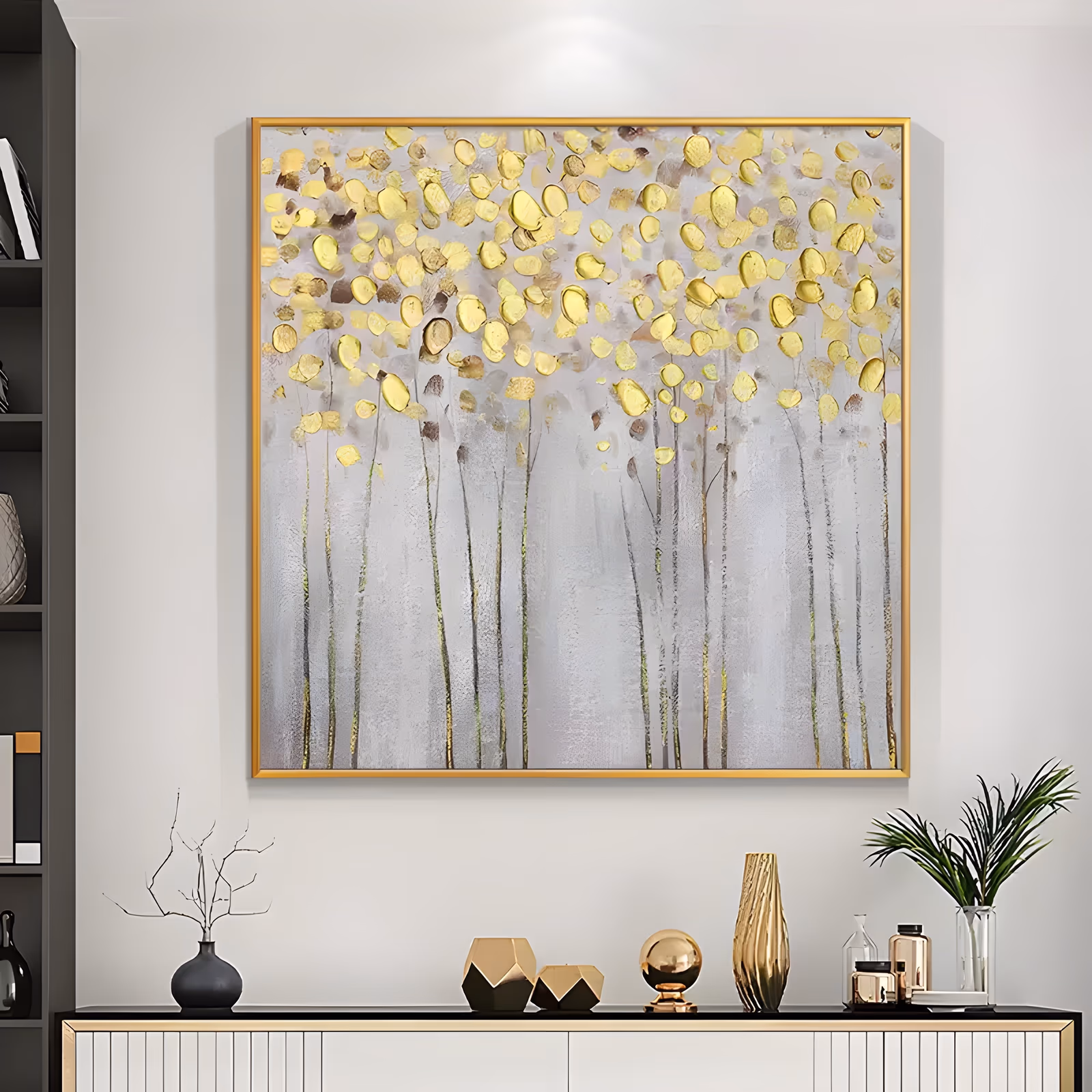 a large square impressionist canvas of slender pale trunks topped with rounded gold and yellow leaf dabs, massed along the upper edge over a soft gray and white plaster ground, in raised relief paint