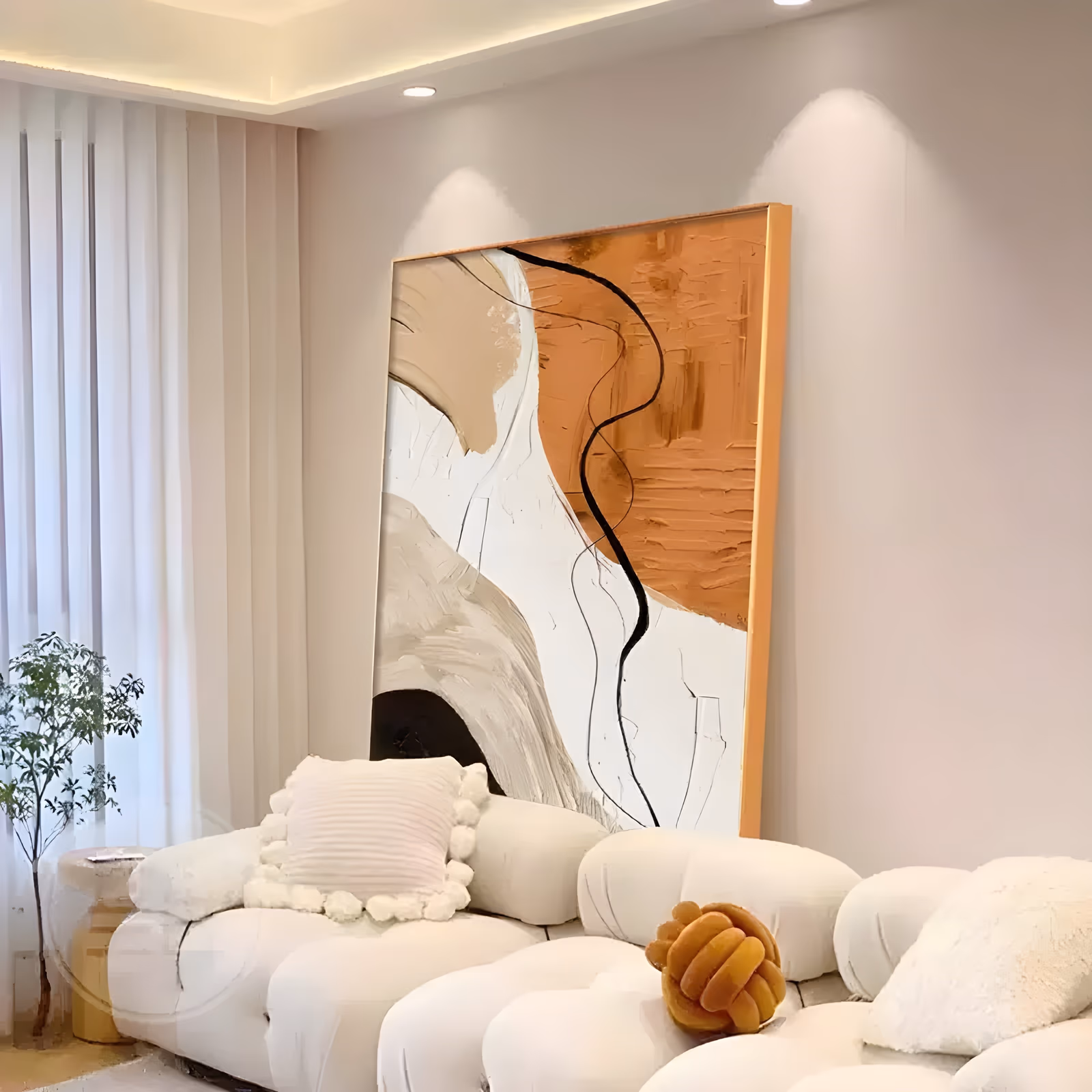 a large vertical abstract painting of a ridged terracotta block in the upper right, cream and beige strokes on the left and a thin black line curving down the middle, in thick oil