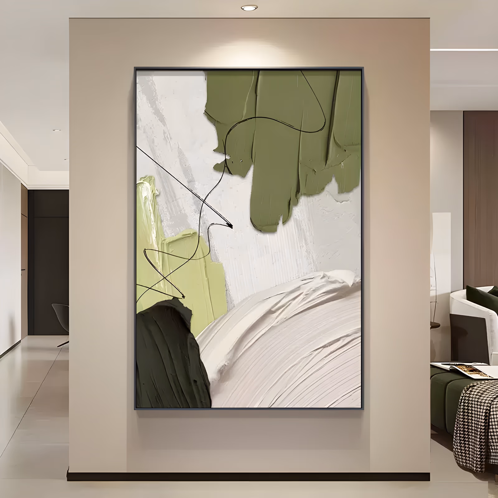 a large vertical textured painting of thick olive and dark green knife smears at the top, a lime green block at the left, a wide white plaster sweep curving along the bottom, and thin black scribbled lines