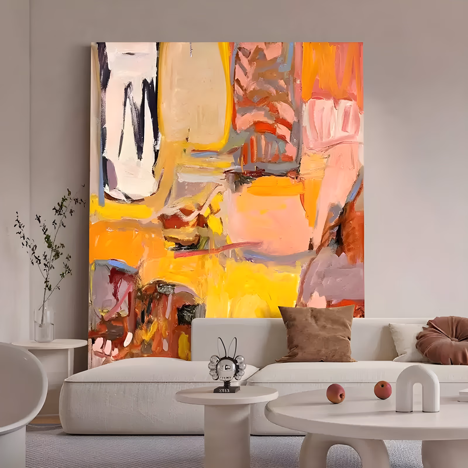 a large vertical abstract painting of loose overlapping strokes in yellow, orange, coral pink, red, cream and gray, stacked in rough blocks with a black-marked white shape at the top left, in flat brushed oil