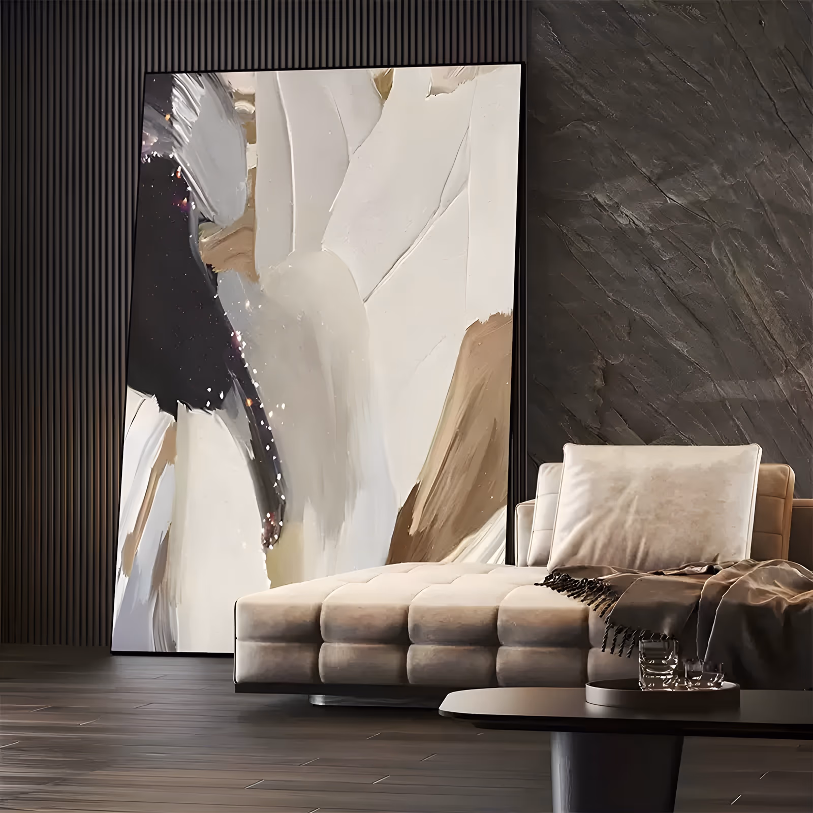 a large vertical abstract painting of broad cream and white knife strokes with a dark black sweep down the left side, tan and taupe marks at the edges and tiny gold sparkle flecks, in heavy impasto