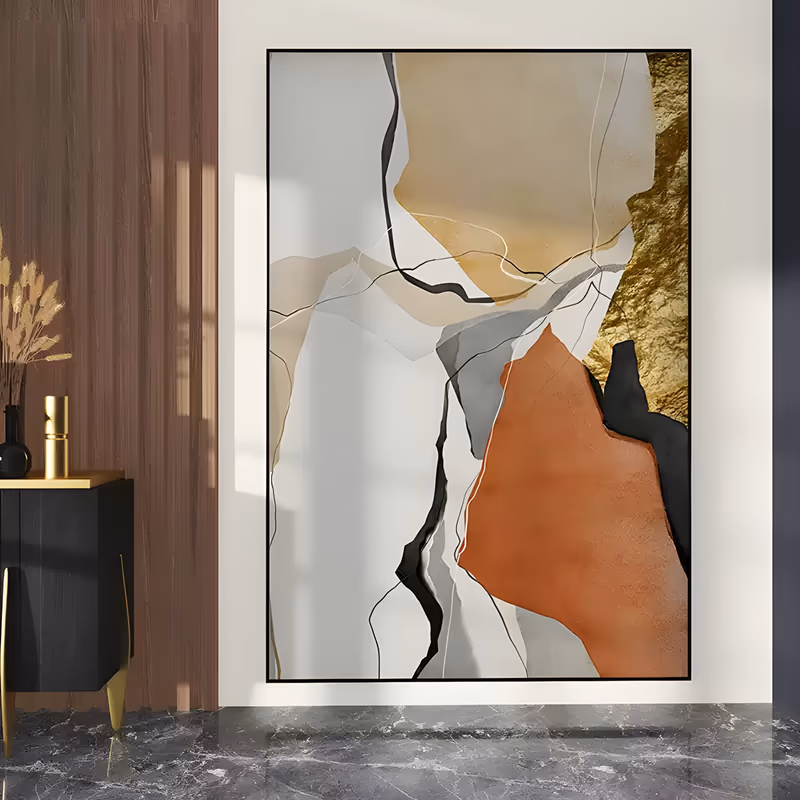 a large vertical abstract painting of torn-edged white, sand, gray and terracotta shapes fitted together like stone, with a gold foil strip down the right side and fine black lines, in flat acrylic