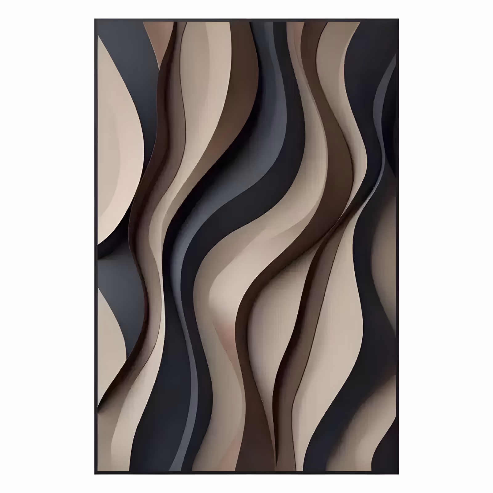 a large vertical abstract painting of tall wavy ribbons in cream, tan, chocolate brown, gray and black, each band shaded to look three dimensional as it curves from the top edge to the bottom, in smooth acrylic