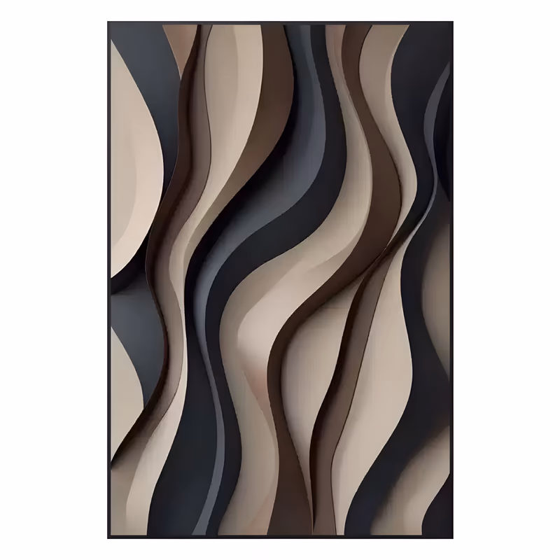 a large vertical abstract painting of tall wavy ribbons in cream, tan, chocolate brown, gray and black, each band shaded to look three dimensional as it curves from the top edge to the bottom, in smooth acrylic