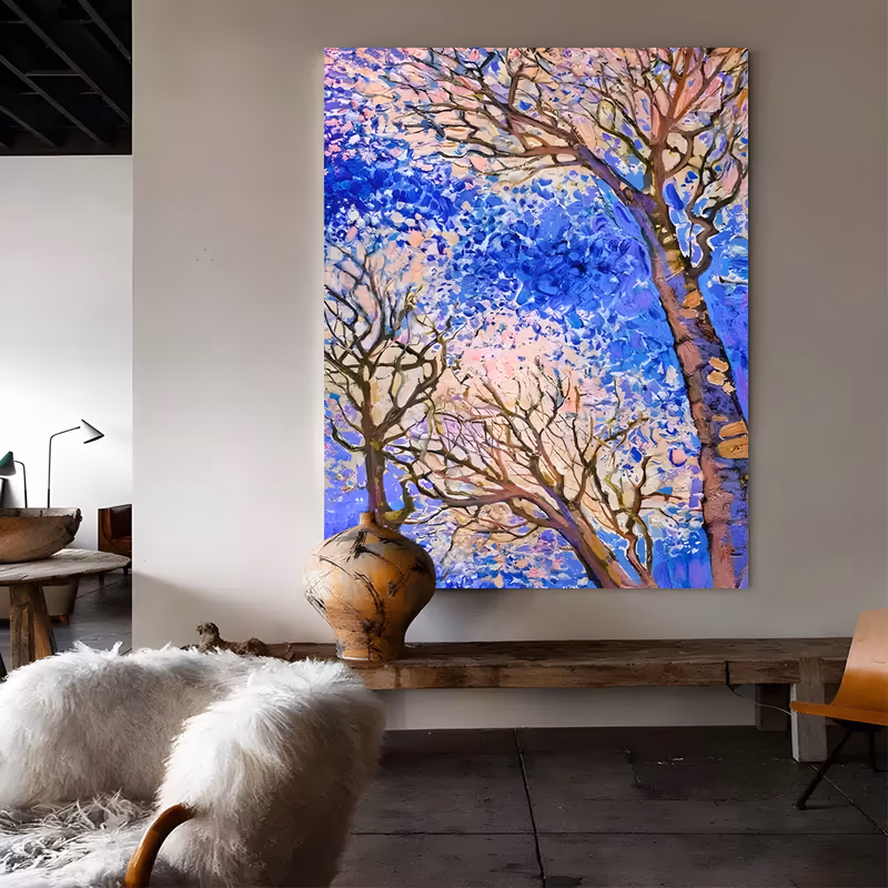 a large vertical impressionist painting looking up through bare branches loaded with peach and cream blossom, set against a cobalt and violet sky broken into small chips of color, in heavy palette-knife acrylic
