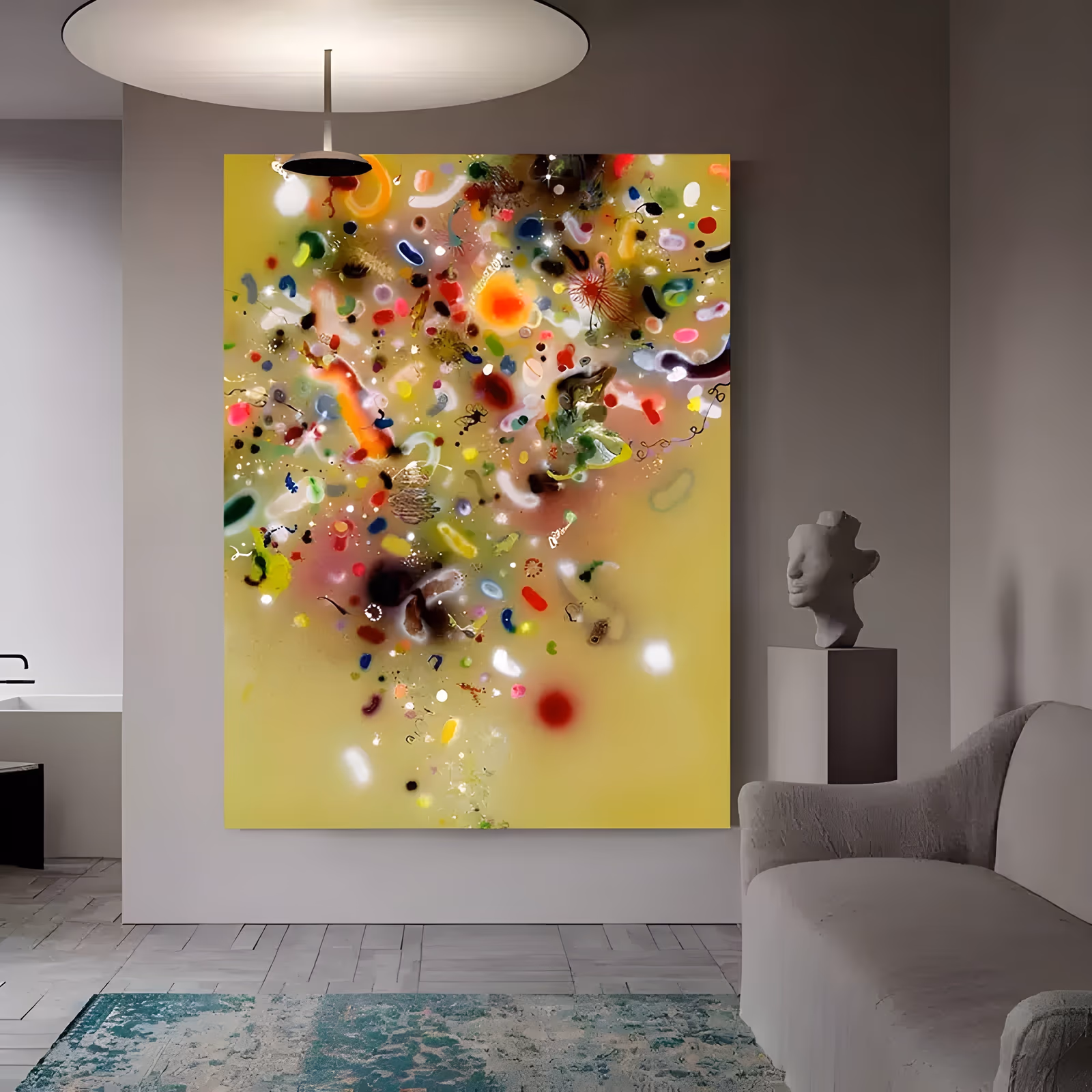 a large vertical abstract painting of a scattered burst of red, blue, green, pink and white confetti dots, blobs and thin squiggles clustered above the center of a soft yellow-green ground, in glazed acrylic