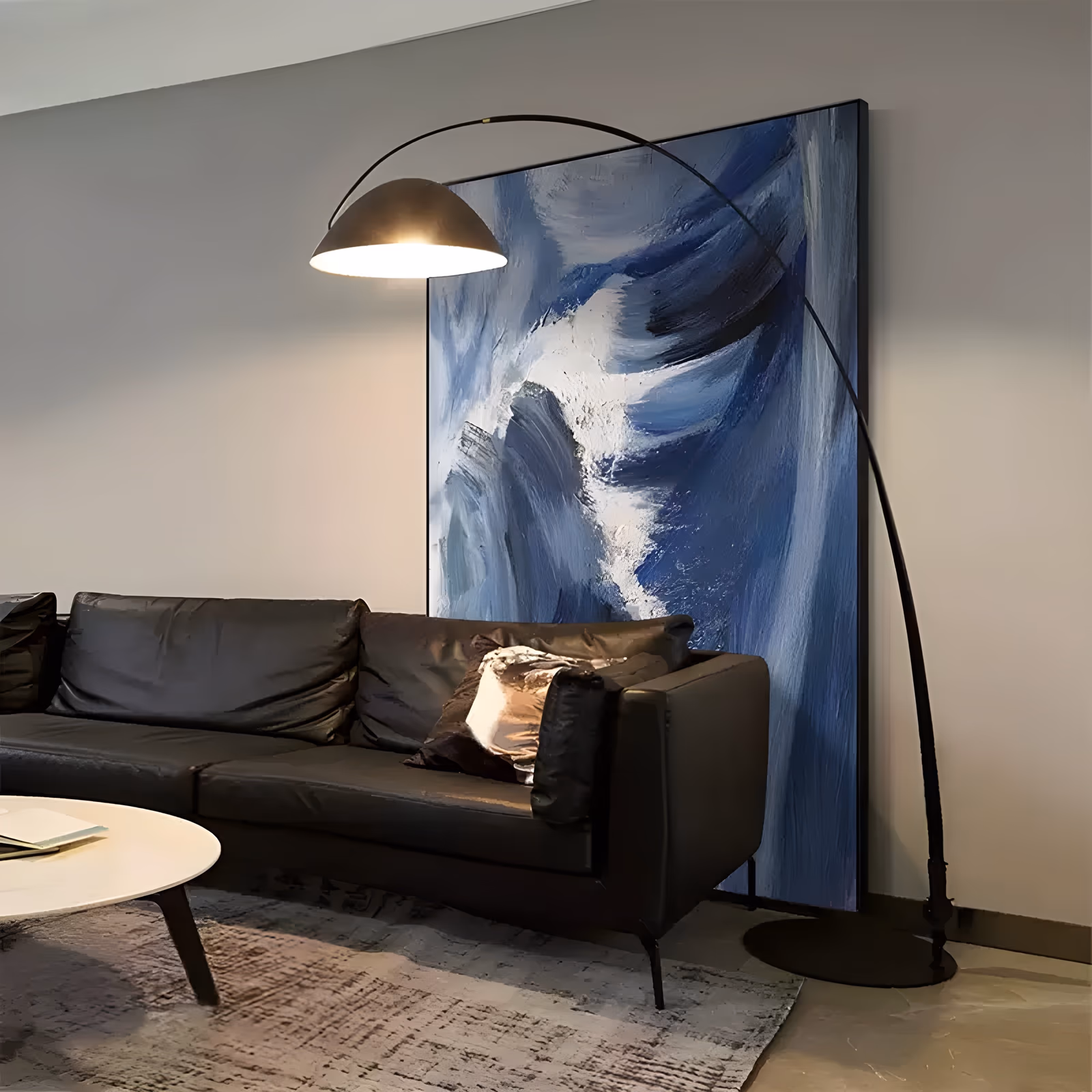 a large vertical abstract painting of a breaking storm wave, with navy and cobalt strokes sweeping down the right side and a white crest rising at the center, built in heavy impasto brushwork