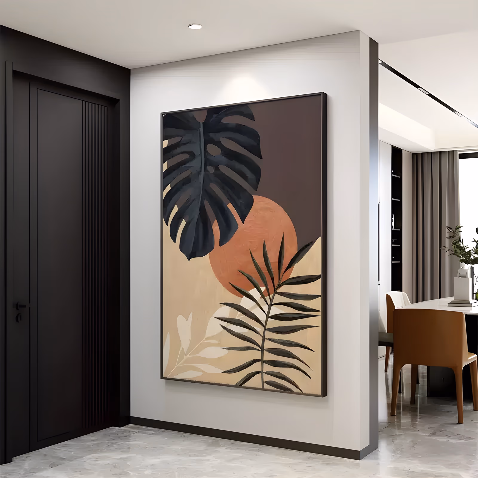 a large vertical boho minimalist painting of a dark charcoal monstera leaf and a slim palm frond over a burnt terracotta sun disc, on split beige and deep brown fields, in flat hand-painted acrylic