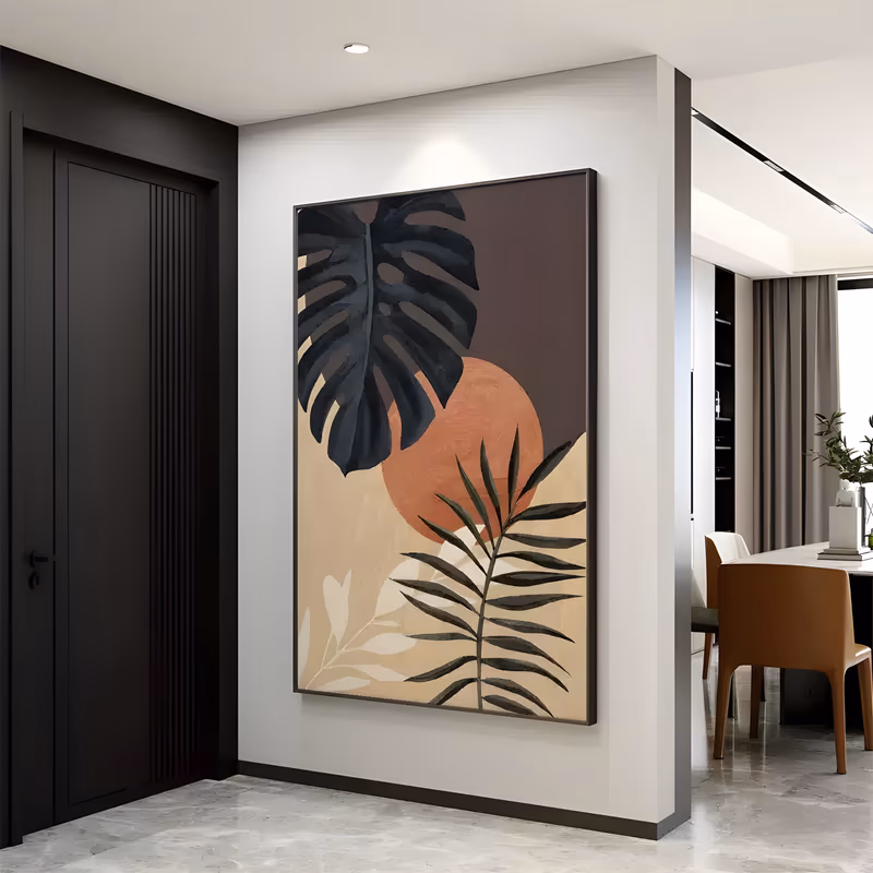 a large vertical boho minimalist painting of a dark charcoal monstera leaf and a slim palm frond over a burnt terracotta sun disc, on split beige and deep brown fields, in flat hand-painted acrylic