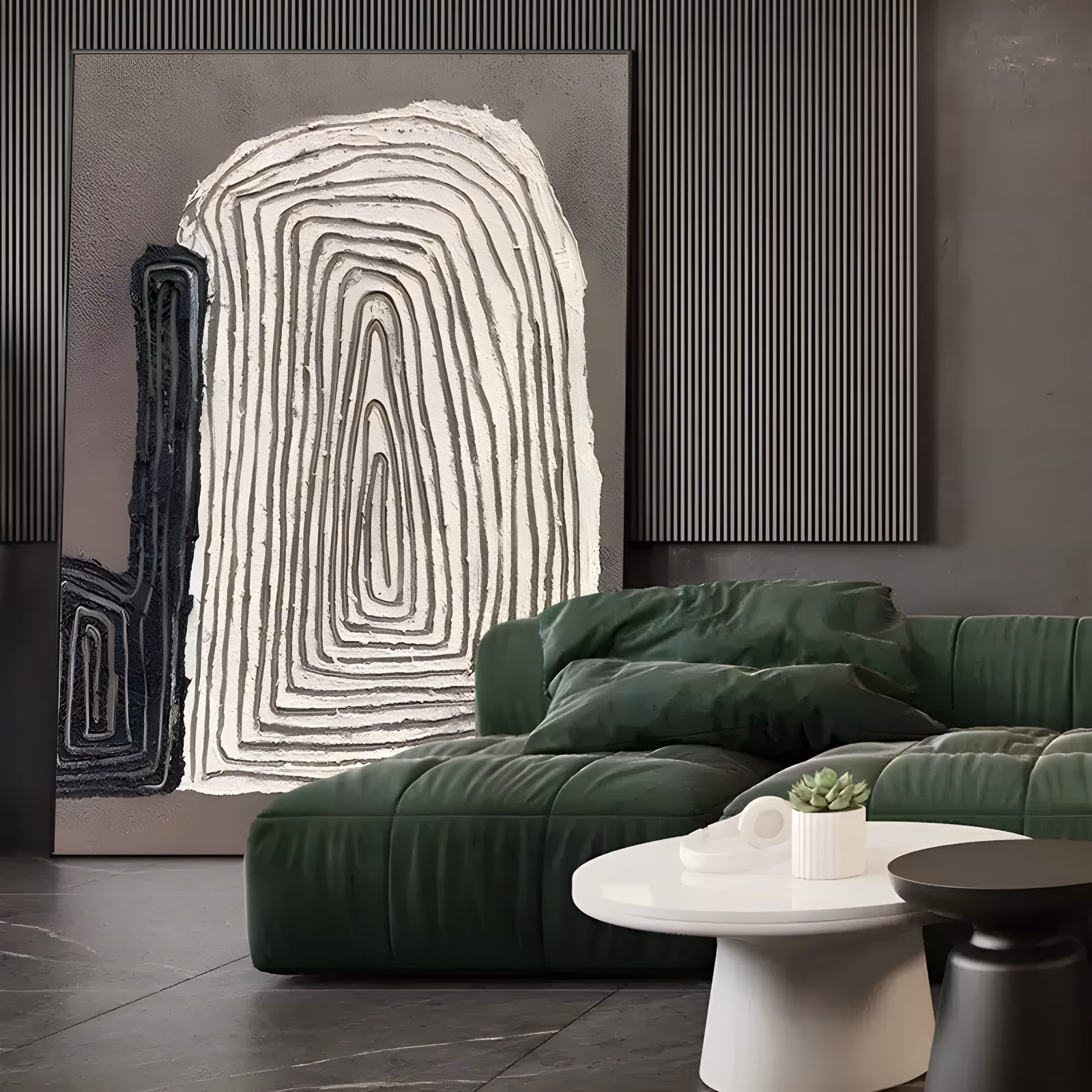 a large vertical minimalist plaster painting of concentric white arch-shaped ridges rising from the lower edge on a warm gray ground, with a narrow black textured column at the left, in sculpted relief