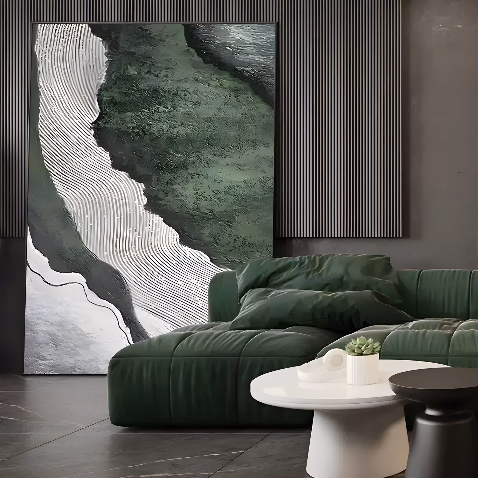a large vertical textured painting of a wide pale band of fine combed ridges running diagonally through a dark mossy green field, with rough white plaster at the lower left, in sculpted relief