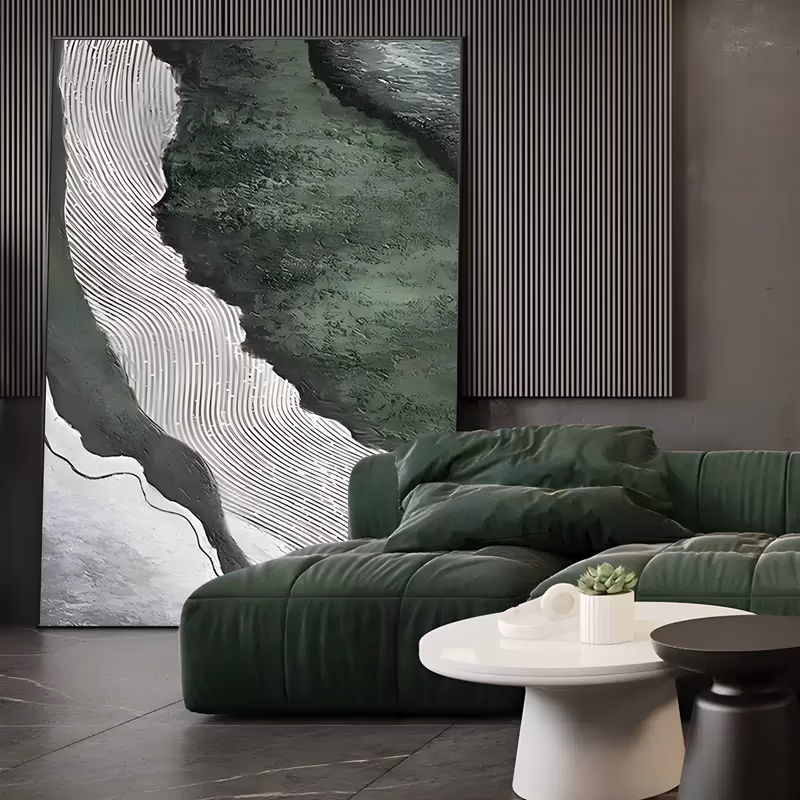 a large vertical textured painting of a wide pale band of fine combed ridges running diagonally through a dark mossy green field, with rough white plaster at the lower left, in sculpted relief