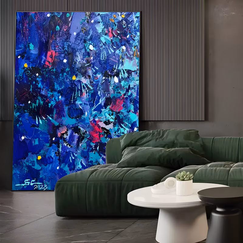 a large vertical abstract painting packed with cobalt, teal and turquoise knife strokes, magenta and pink flashes and scattered white and yellow dots, built up in thick raised layers of oil paint