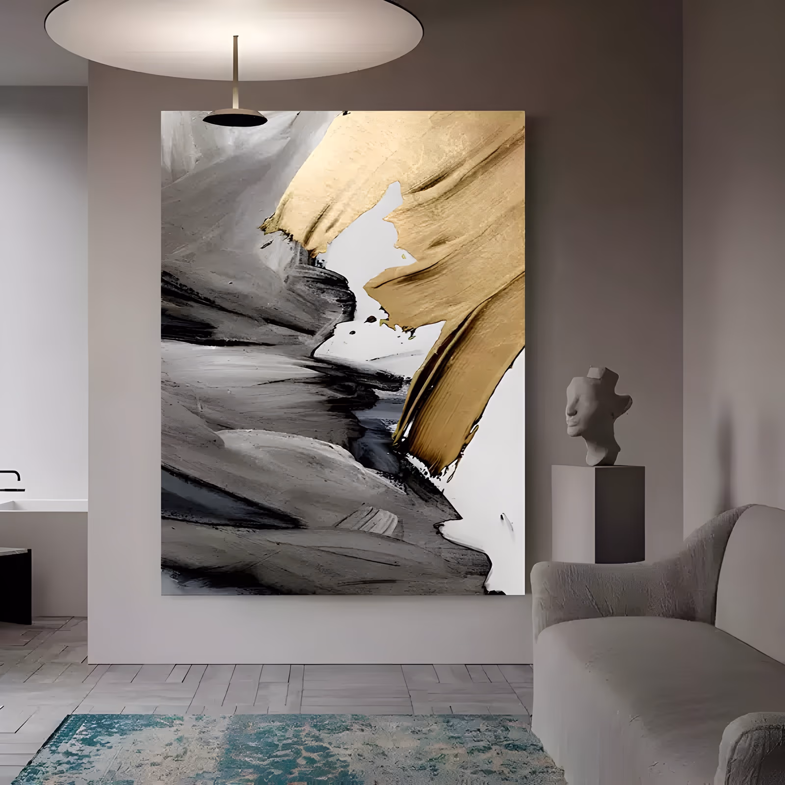a large vertical abstract painting of sweeping charcoal gray and black strokes rising from the lower left, met by a broad gold band over the upper right corner on a white ground, in heavy impasto