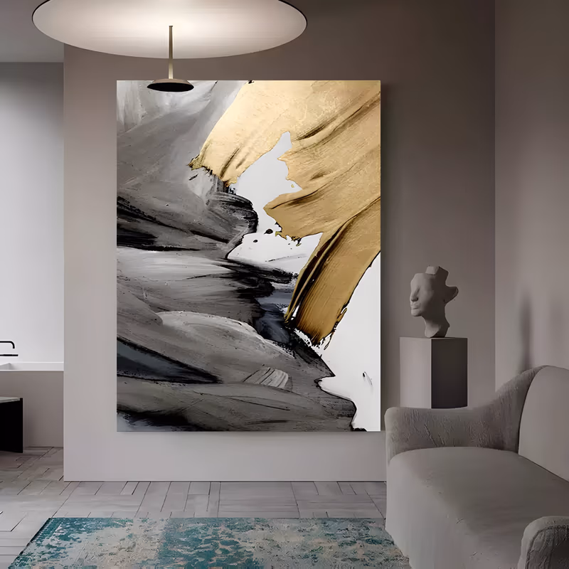 a large vertical abstract painting of sweeping charcoal gray and black strokes rising from the lower left, met by a broad gold band over the upper right corner on a white ground, in heavy impasto