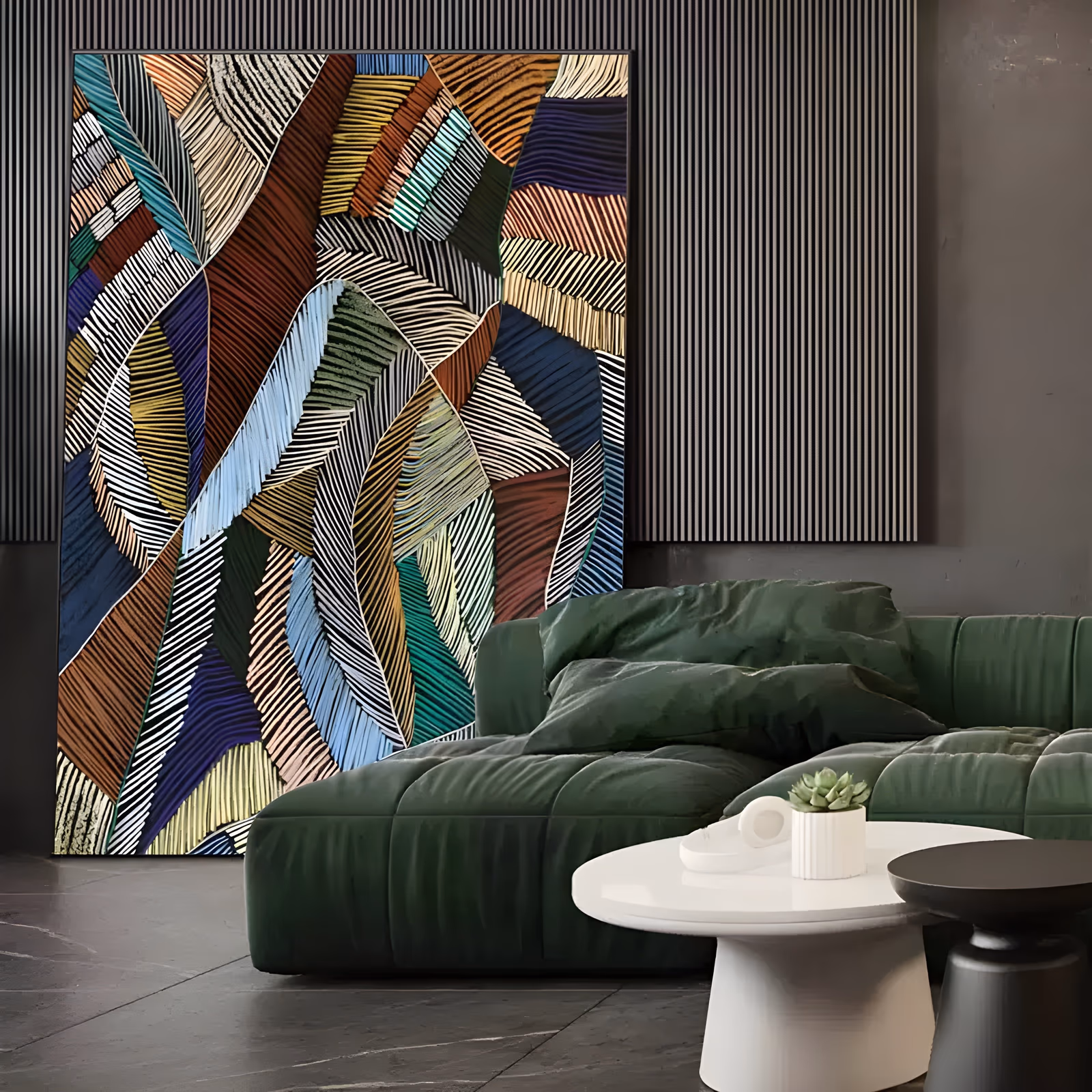 a large vertical textured painting of overlapping leaf and feather shapes packed together, each filled with fine ridged stripes in rust brown, navy, sky blue, olive green, cream and gold, in carved relief paint