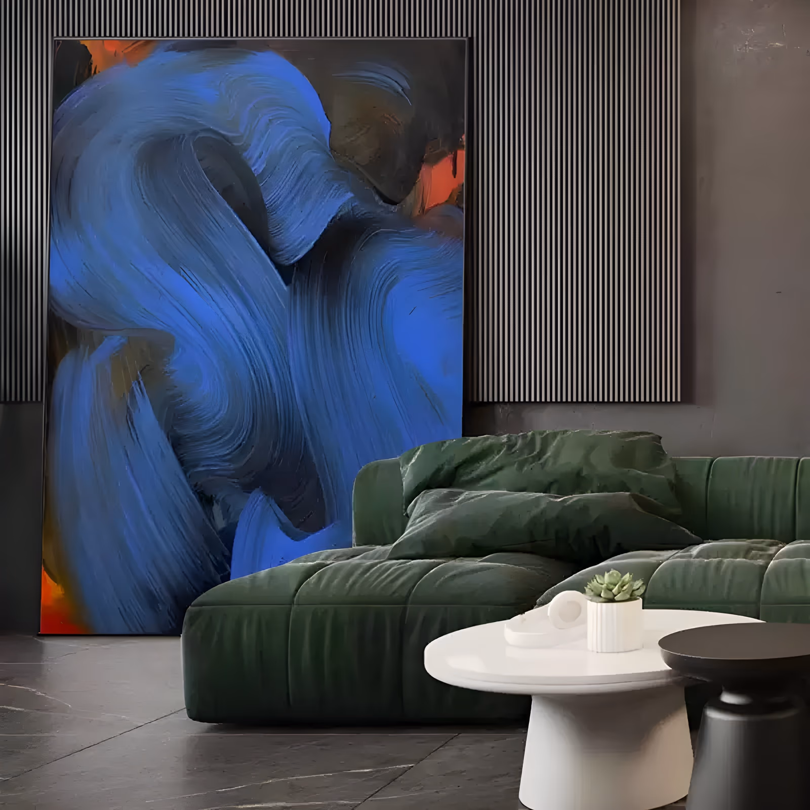 a large vertical abstract painting of broad cobalt blue brushstrokes looping over a near-black ground, with orange-red heat glowing in the top left and lower left corners, in thick dragged oil paint