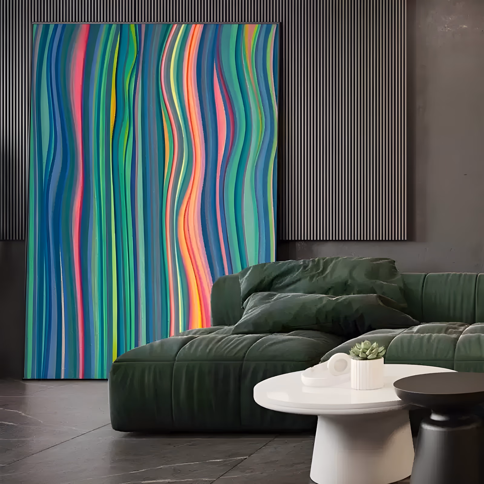 a large vertical abstract painting of tightly packed wavy vertical stripes in emerald green, teal, blue, hot pink and neon yellow running from top to bottom, in flat hand-painted acrylic