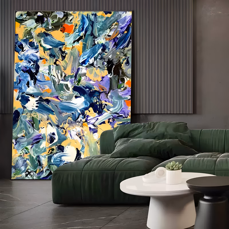 a large vertical maximalist painting of dense blue, purple, sage green and white knife strokes crowding a warm butter-yellow ground, with small orange flashes, in heavy impasto with sharp raised ridges