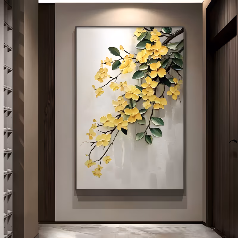a large vertical textured painting of small four-petal yellow blossoms and dark green leaves on a slim branch entering at the top right, over a brushed grey and white ground, in thick raised paint
