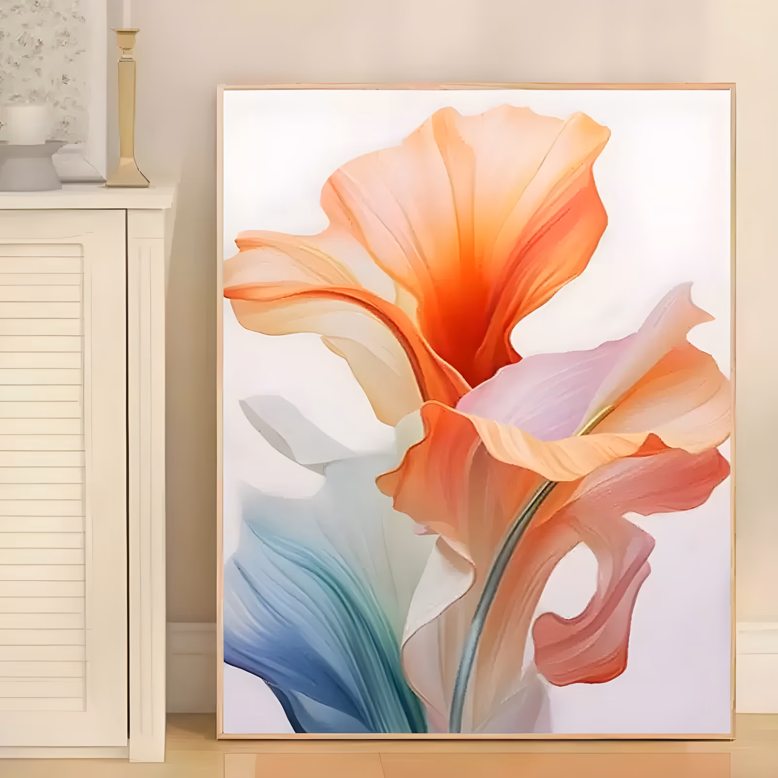 a large vertical abstract floral painting of oversized flowing petals, a peach and coral bloom opening at the top, pink and lilac petals to the right and a blue-green petal below, on white, in smooth blended acrylic