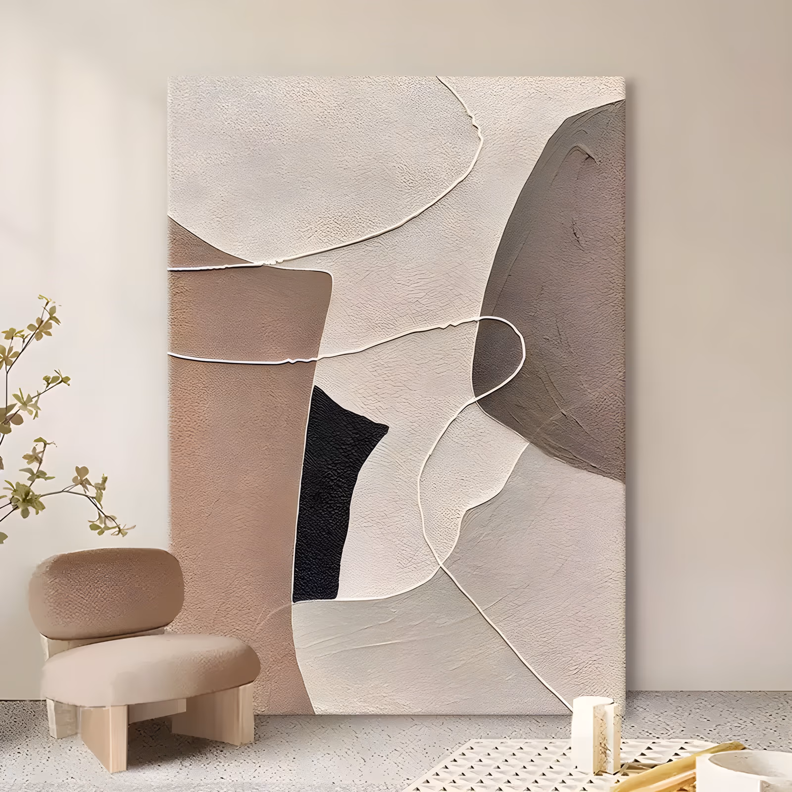 a large vertical textured painting of overlapping rounded plaster shapes in cream, blush brown and dark taupe, outlined by thin raised white lines, with one small black form near the center, in sculpted relief