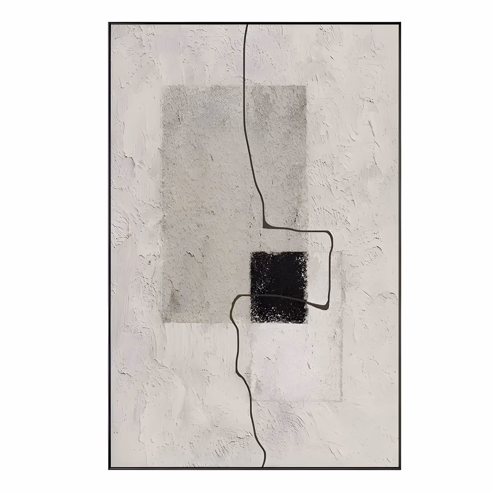 a large vertical minimalist painting of a soft gray rectangle and a small black square layered on a thickly troweled white plaster ground, with one thin black line meandering down the full height, in raised relief