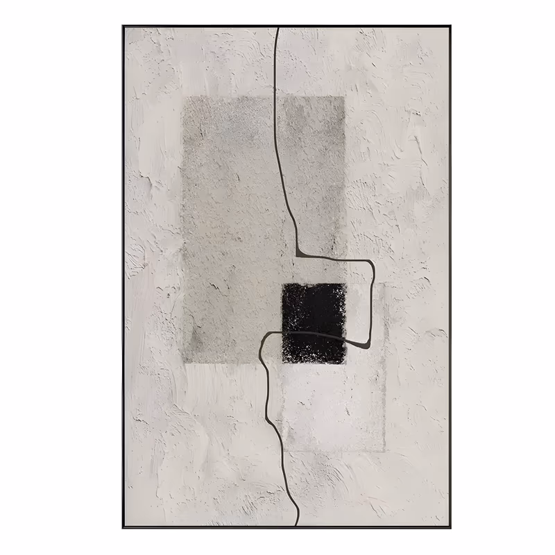 a large vertical minimalist painting of a soft gray rectangle and a small black square layered on a thickly troweled white plaster ground, with one thin black line meandering down the full height, in raised relief