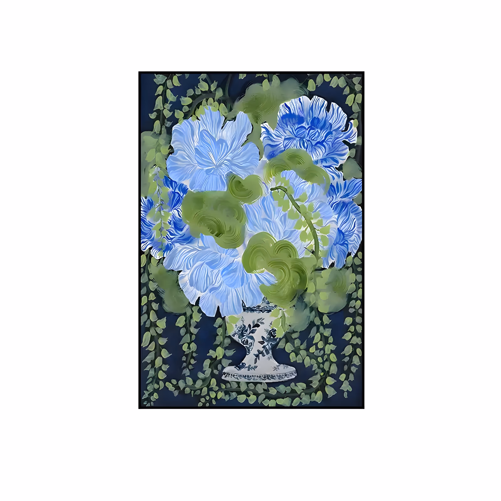a large vertical painterly canvas of ruffled blue and white hydrangea blooms with olive-green leaves rising from a blue-and-white porcelain footed vase, set on a deep navy ground hung with trailing vines