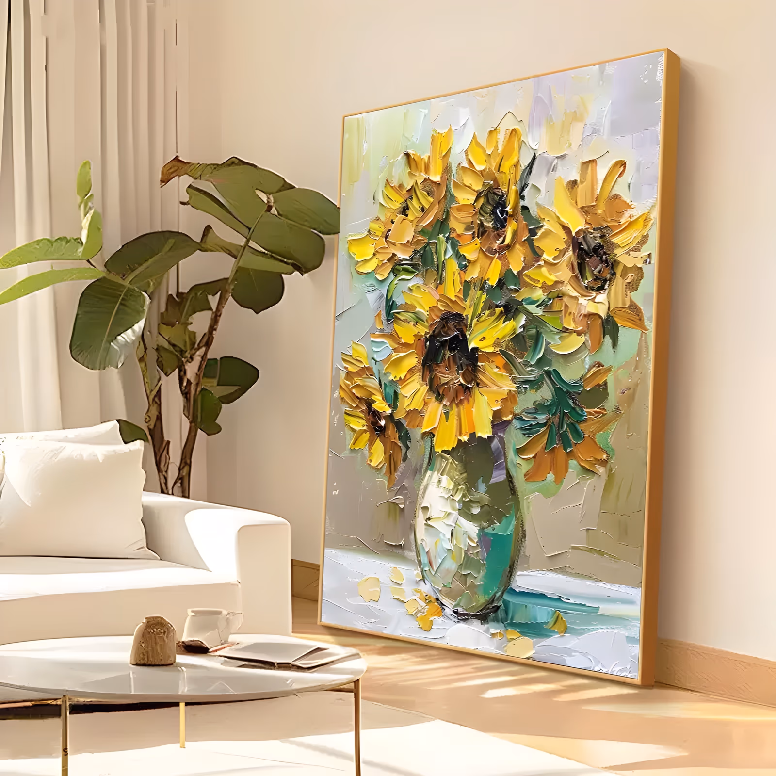 a large vertical palette-knife painting of yellow sunflowers with green leaves in a slim green glass vase, the petals built from thick slabs of paint, on a pale lavender-gray ground, in heavy impasto oil
