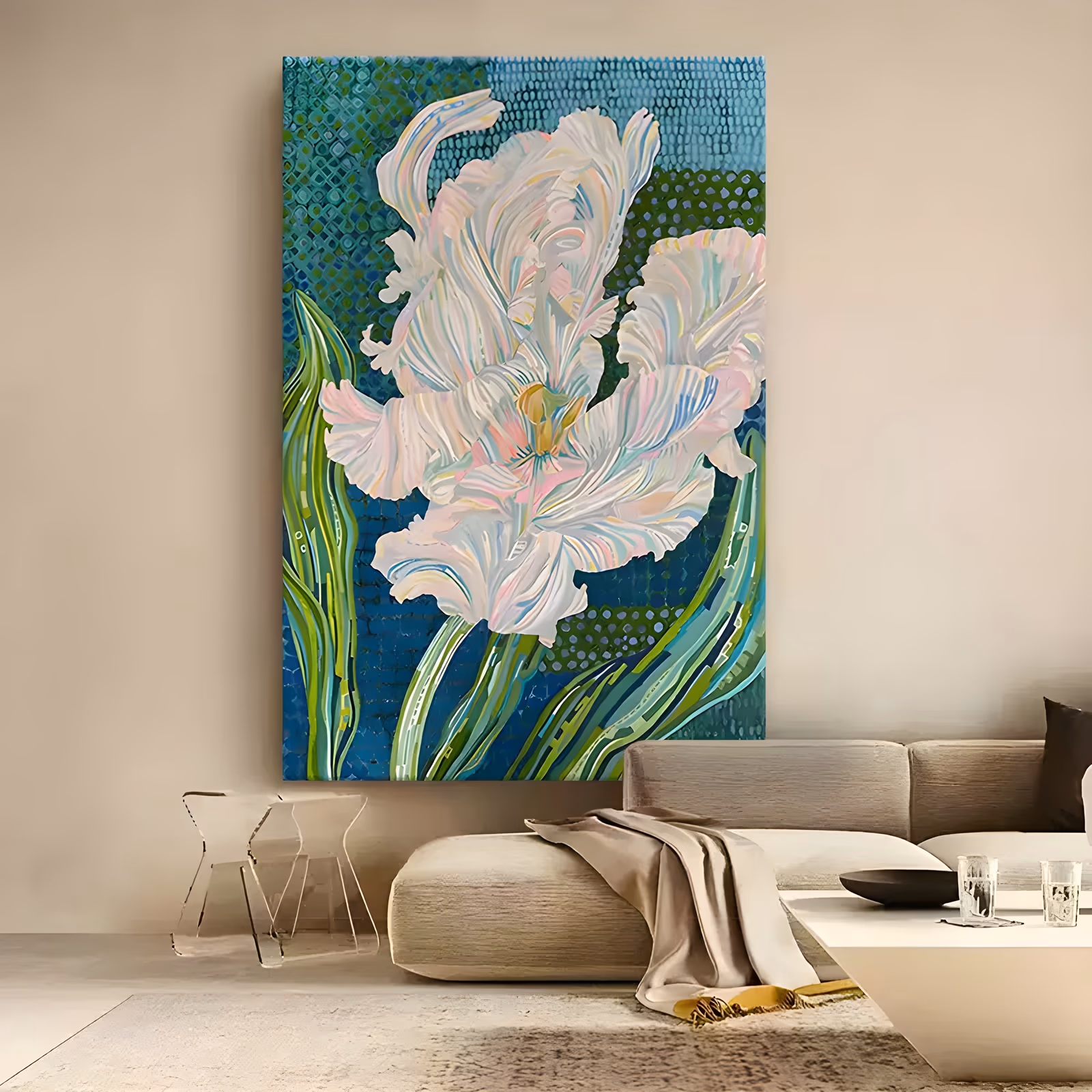a large vertical stylized painting of one white parrot tulip with ruffled iridescent pink and blue petals, filling the frame above striped green leaves on a teal dotted mosaic ground, in flat acrylic