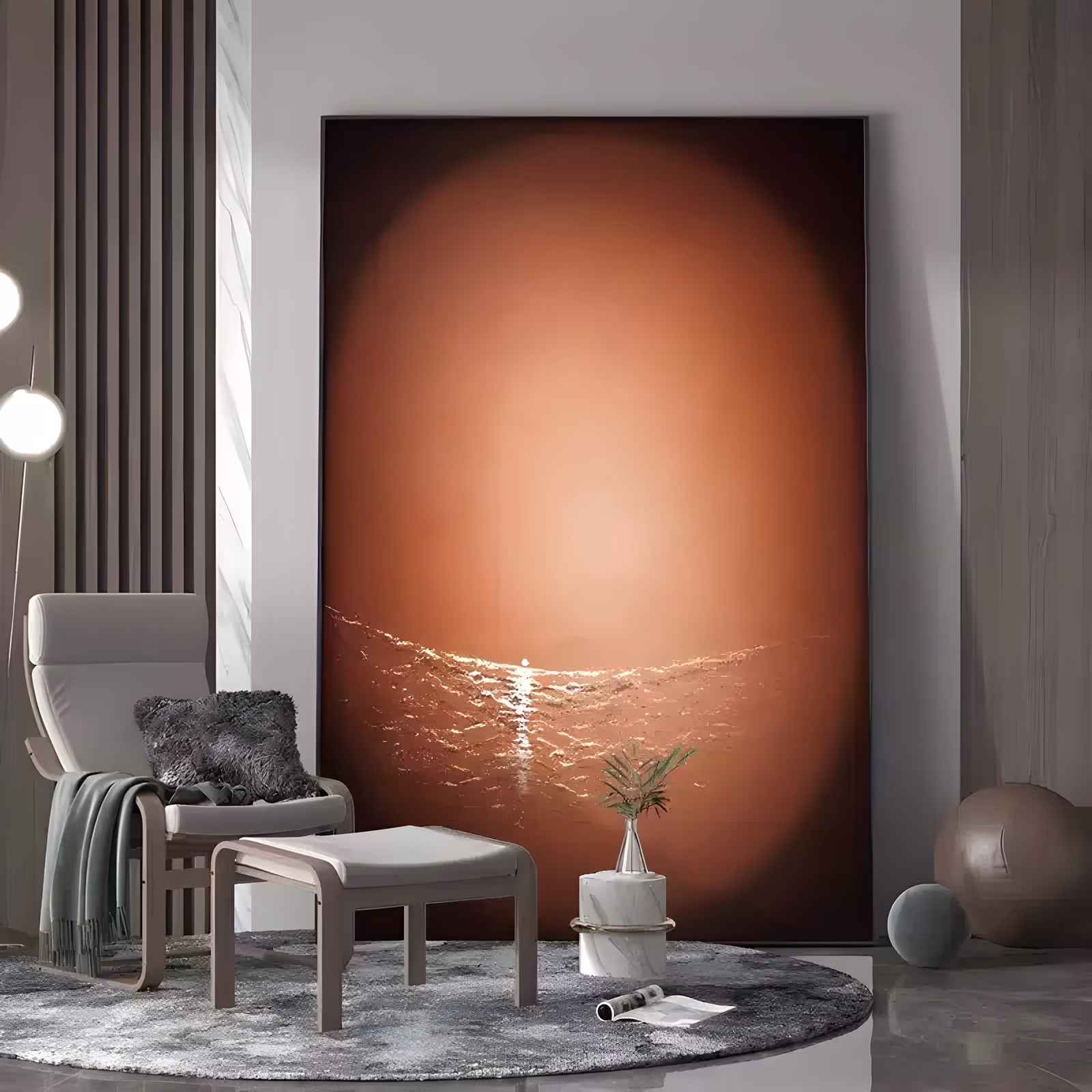 a tall painting of a copper-orange sun glow filling the upper canvas above a low band of gold-flecked water at dusk, the corners fading to deep brown, in smooth blended paint with raised ripples