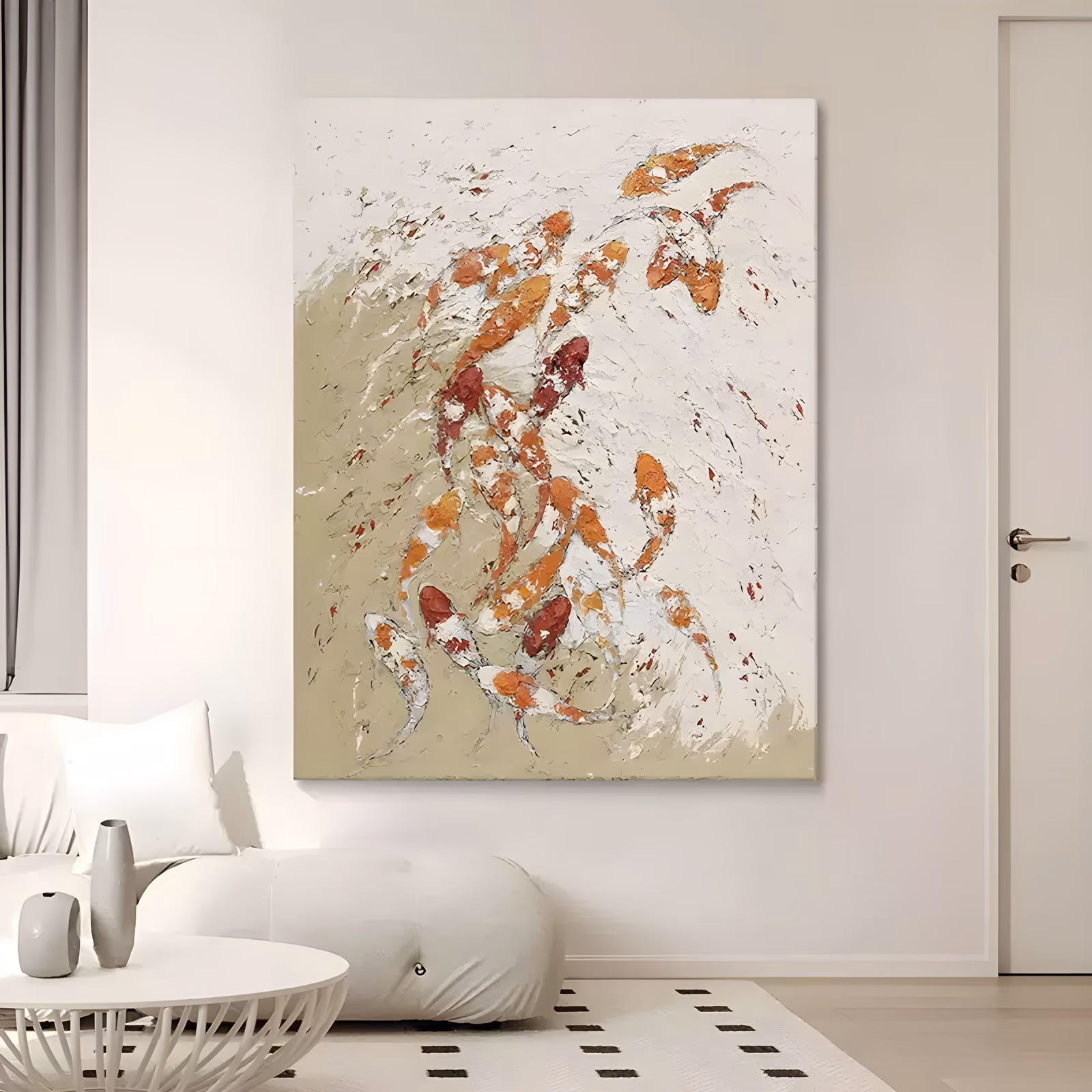 a large vertical textured painting of a shoal of orange, white and deep red koi swimming upward through the center of a soft beige and white ground, built in heavy palette-knife impasto