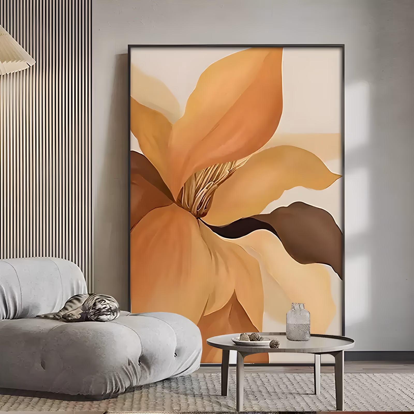 a large vertical close-up floral painting of one open magnolia-like bloom filling the frame, its caramel, apricot and cocoa brown petals curving around a golden cluster of stamens on a cream ground, in smooth flat oil