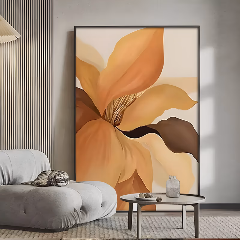 a large vertical close-up floral painting of one open magnolia-like bloom filling the frame, its caramel, apricot and cocoa brown petals curving around a golden cluster of stamens on a cream ground, in smooth flat oil