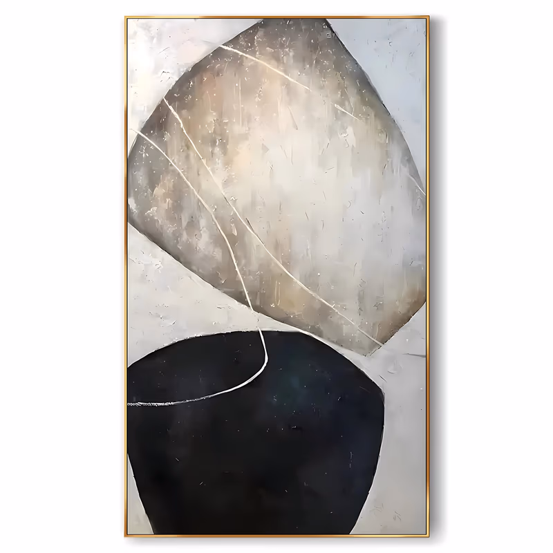 a large vertical wabi-sabi painting of a broad beige lens-shaped stone form in the upper half and a rounded black bowl form below, thin white lines tracing between them on a chalky off-white ground, in dry scraped paint