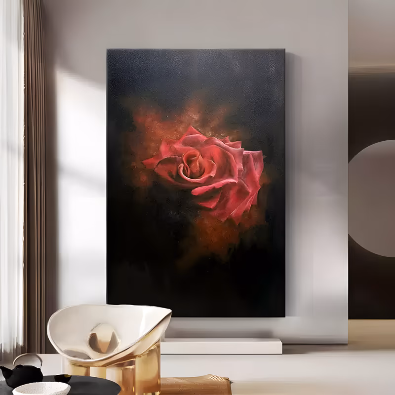 a large vertical realist painting of a single deep red rose opening at the center of the canvas, its petals lit from the front against a black ground with a rust colored glow behind, in smooth oil