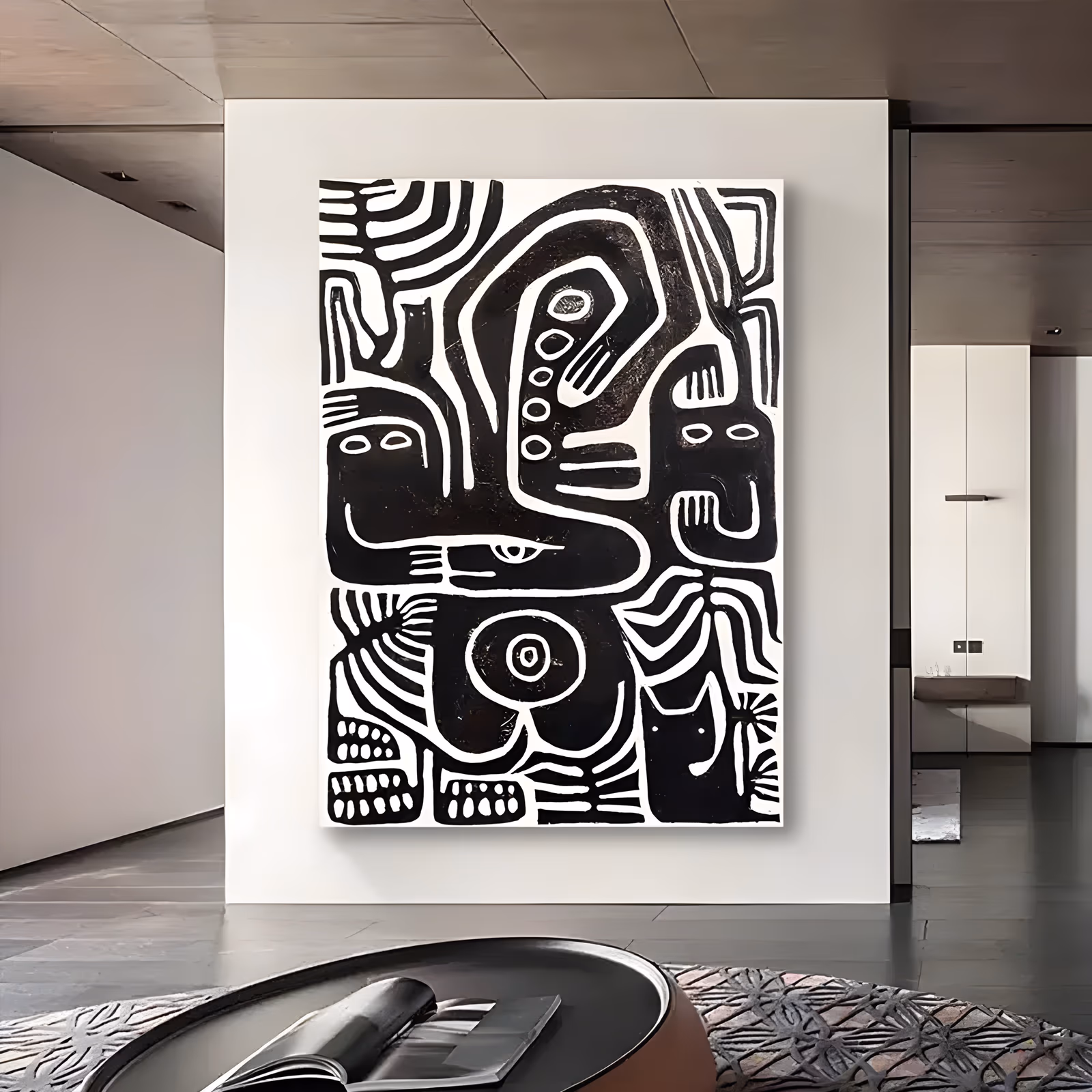 a large vertical folk-style painting of black primitive figures with round eyes, open mouths and a small cat, drawn as thick linked outlines on a cream ground, in flat matte acrylic