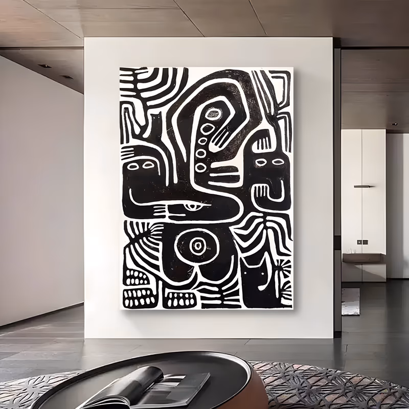 a large vertical folk-style painting of black primitive figures with round eyes, open mouths and a small cat, drawn as thick linked outlines on a cream ground, in flat matte acrylic